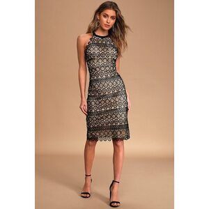 Lulus Truly Speechless Black Crochet Lace Halter Bodycon Midi Dress - Size M